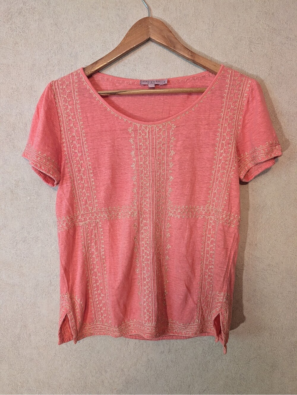CALYPSO ST BARTH coral embroidered linen short sleeve blouse sz S